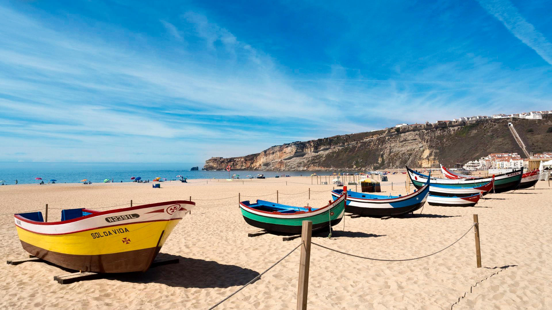 Boats on the beach in Nazare Portugal